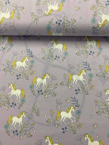 Jednorożce  wrzos  - Jersey bawełniany druk  Jh2 ROMANTIC 