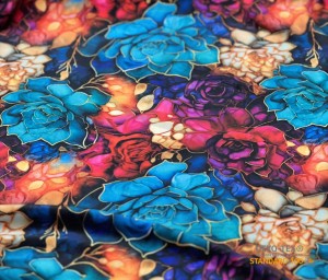 WD Welur elastyczny -  Kwiaty z turkusem