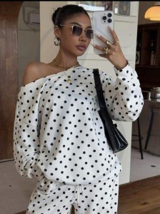 Dresówka pętelka biała czarne kropki  - Dw240  